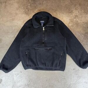 1990s vintage Eddie Bauer fleece pullover jacket, black, with a retro vibe